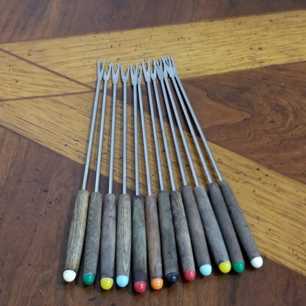 Twelve fondue forks vintage stainless steel wood handles